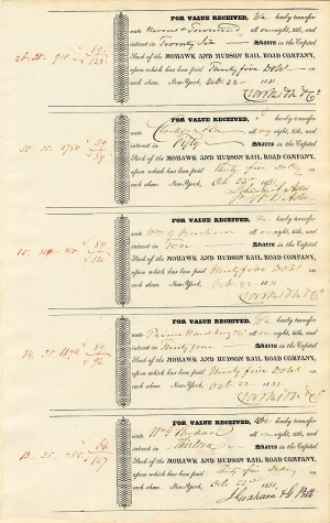 Uncut Sheet of 5 Mohawk and Hudson RR signed by William B. Astor for his Father, John Jacob Astor